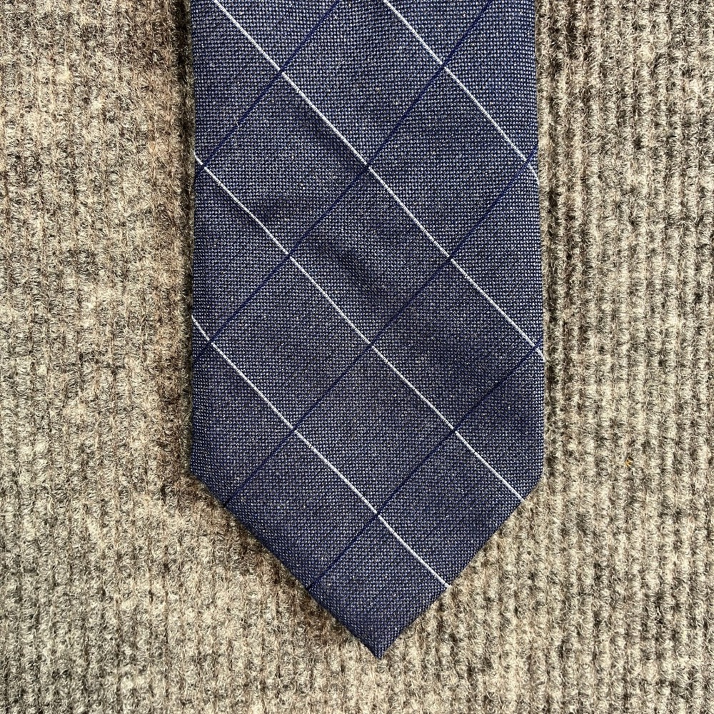 Michael Kors Mens Navy Blue Windowpane Plaid Silk Blend Necktie